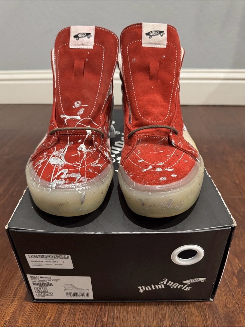 Palm Angels Red Suede Paint-Splatter High-Top Sneakers